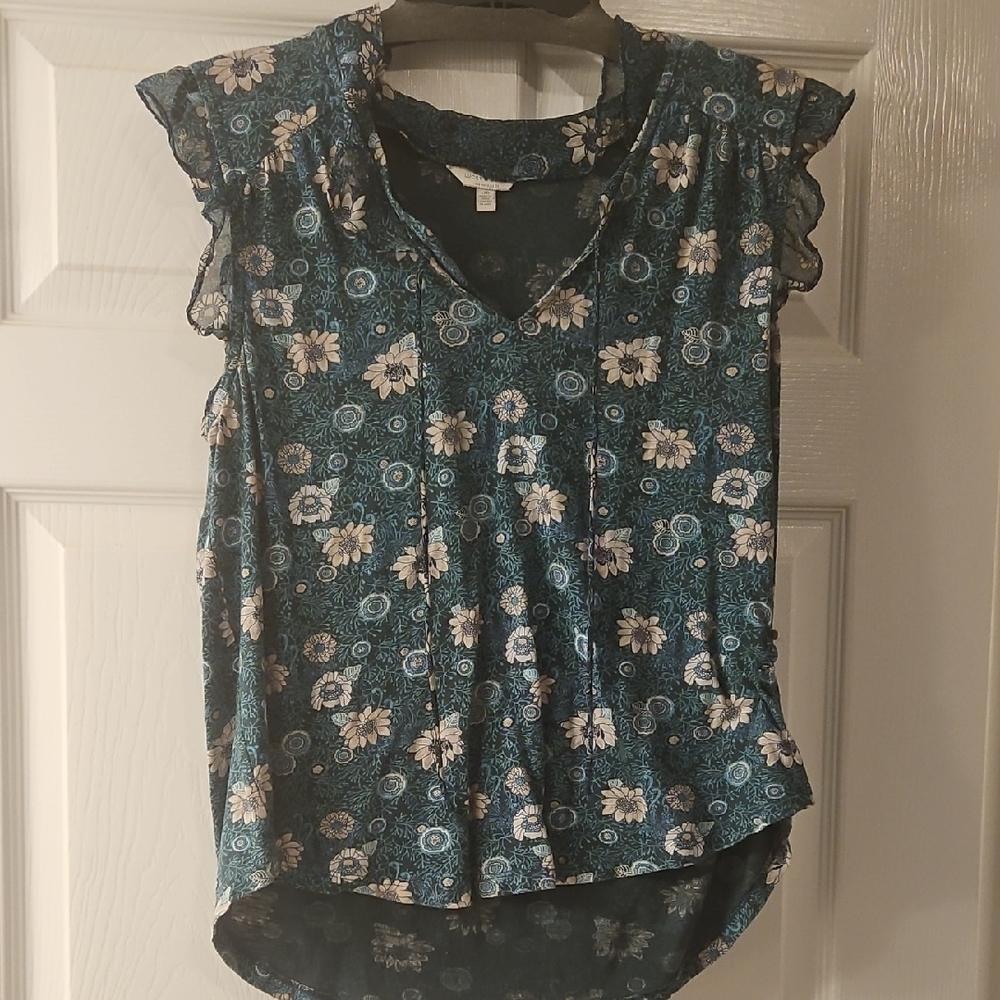 Lucky Brand Teal Floral Ruffle Blouse